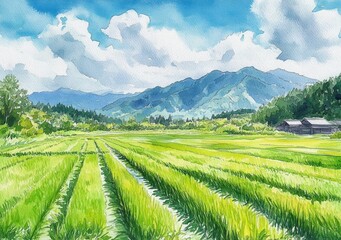 Obraz premium Summer Rice Field Landscape with Distant Mountains and Blue Sky