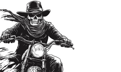 Obraz premium Grim reaper riding motorcycle with scarf and hat - linear vector, icons set.