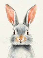 Obraz premium Watercolor Illustration of a Cute Fluffy Grey Rabbit with Pink Ears and a Blank Background
