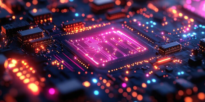 High Speed Data Transfer Circuit Board with Neon Glow Cyberpunk Technology and Active Network Connectivity