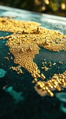 Close up of a teal surface with golden textures and a blurred green background illuminated by sunlight