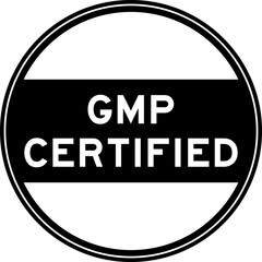 Black color round seal sticker in word GMP (Good manufacturing practice) certified on white background