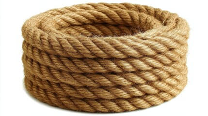 A coil of natural jute rope, its rough texture contrasting with the smooth plain background, is ready for your crafting or construction endeavors, offering a versatile and eco-friendly material for