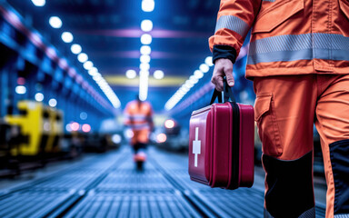 Safety-Conscious Worker in Orange Overalls Carrying a Red First Aid Kit in a Modern Industrial Setting