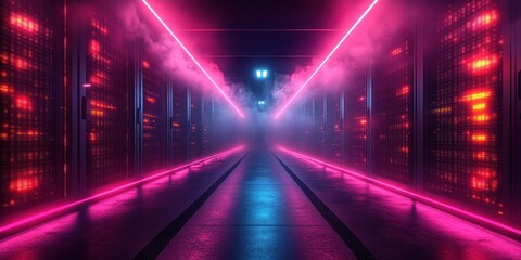 Futuristic Server Room with High-Performance AI Systems and Vibrant Data Panels