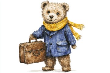 Adorable Teddy Bear Traveler with Suitcase Watercolor Illustration Cute Cartoon Character