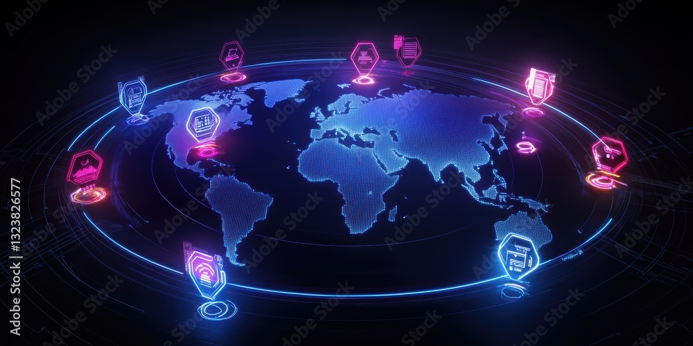 Poster global network visualization: a futuristic digital representation of the world interconnected throug