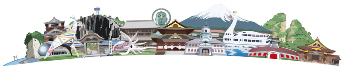 甲信越北陸観光地イラストアイコン集合　アーチ形