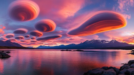Mesmerizing Lenticular Clouds Above Serene Lake at Sunset, Creating a Dreamlike Landscape of Vibrant Colors and Unique Cloud Formations in a Scenic Mountain Range