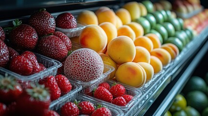 Fresh, colorful fruits arranged in display cases