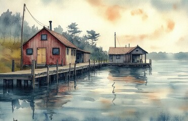 Obraz premium Watercolor depiction of a tranquil river pier with fishing sheds and trees on the horizon