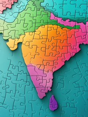 Colorful country map puzzle pieces on a turquoise background symbolizing unity and connection