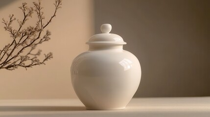 A pristine white jar, its lid sealed tight, stood majestically on a plain backdrop, its simple yet elegant design emphasizing its functionality and form in muted tones, exuding tranquility and