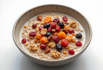 A Healthy and testy Breakfast Bowl with Oats, Nuts, and Colorful Fruits in Milk 
