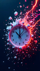 time is money concept. two clocks is illuminated in a cool blue and pink orange glow. The faces are textured, and the clocks reflect light with a cosmic ambiance.