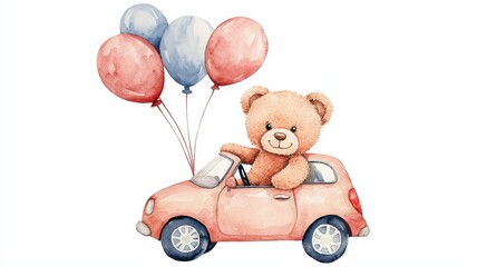 Adorable Teddy Bear Driving Pink Car with Balloons Watercolor Illustration for Kids