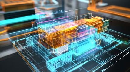 Holographic house design, digital blueprint, office, future tech, architecture visualization