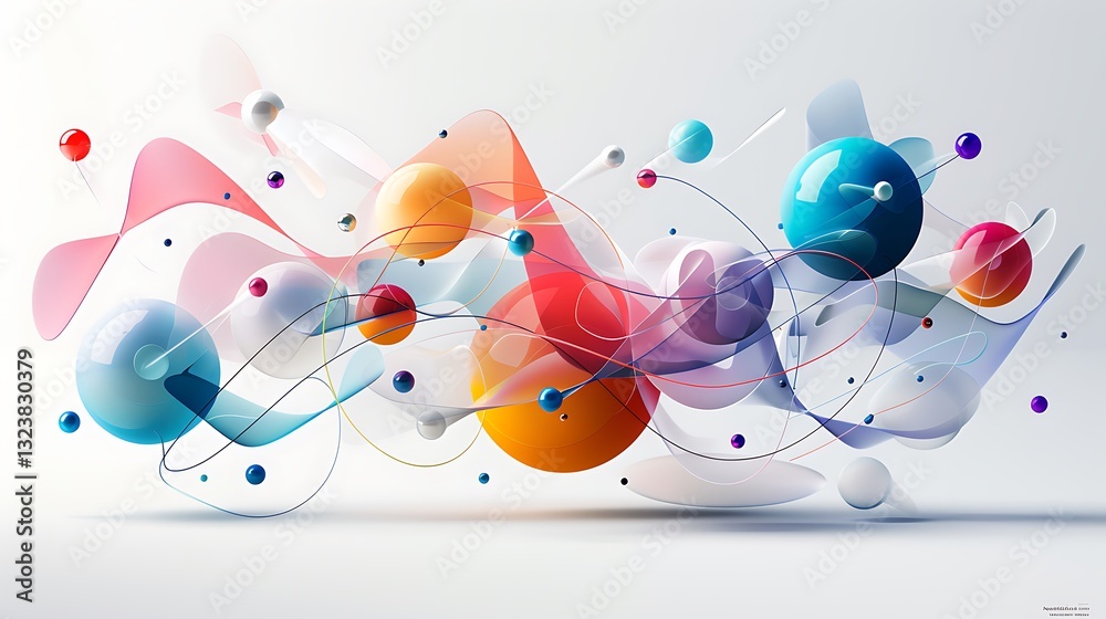 Sticker abstract colorful composition with floating spheres and dynamic curves in soft pastel tones and vibr