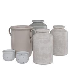 Collection of vintage and rustic ceramic vases, jugs, and jars in neutral colors. isolated on white