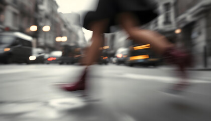 Fototapeta premium ファンタジーストーリー（モノクロームに刻まれた、一瞬のモノローグ—都会の街並みを颯爽と駆け抜ける女性）