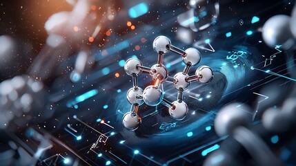 Abstract Representation of Molecular Structure With Digital Background and Bright Light Effects