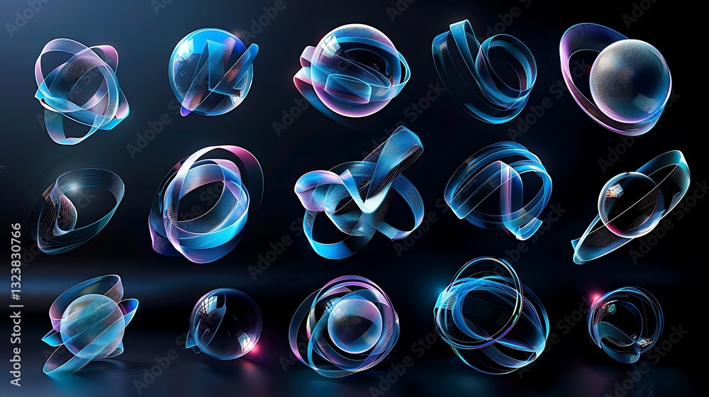 Wall mural abstract light formations with colorful swirls and curves on dark background