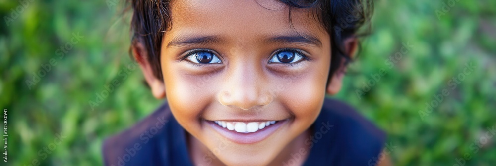 Poster smiling child enjoying a sunny day in the park with lush green grass in the background