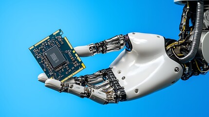 Robotic Hand Holding Microchip Technology on Bright Blue Background