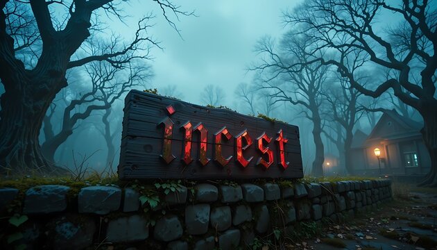 Dark Woods with Incest Sign at Spooky House in Misty Setting