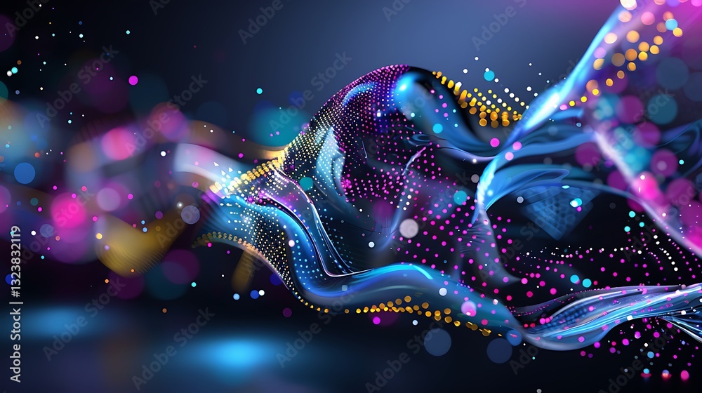 Wall mural abstract colorful waves with luminous particles and light effects in a magical digital space