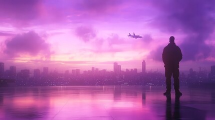 Obraz premium Urban exploration man on rooftop observes plane soaring through the vast expanse of the sky