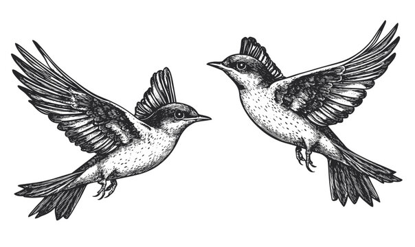 Hand-drawn birds in flight icons set, black and white sketch, vector, linear style.