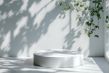 Minimalist product display podium with leaves shadows in soft light monochrome background