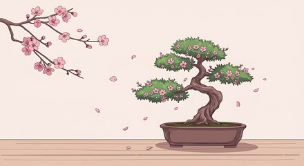 Bonsai Tree with Cherry Blossoms and Falling Petals Illustration