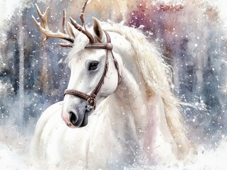 Watercolor illustration of a majestic white horse with antlers and bells in a snowy winter scene
