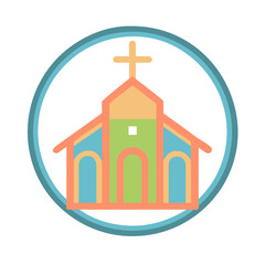 Pastel-colored church icon inside blue circular frame