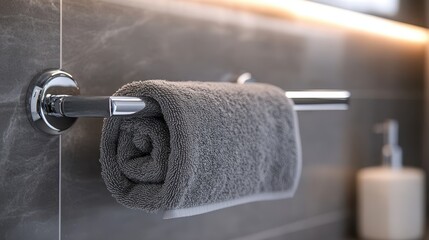 A sleek chrome towel rack, its polished surface reflecting the soft glow of overhead lighting, held a plush gray towel in its embrace, a haven of comfort and cleanliness in a contemporary bathroom