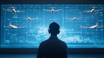 Man monitoring aircraft activity observing flight patterns on large digital screen