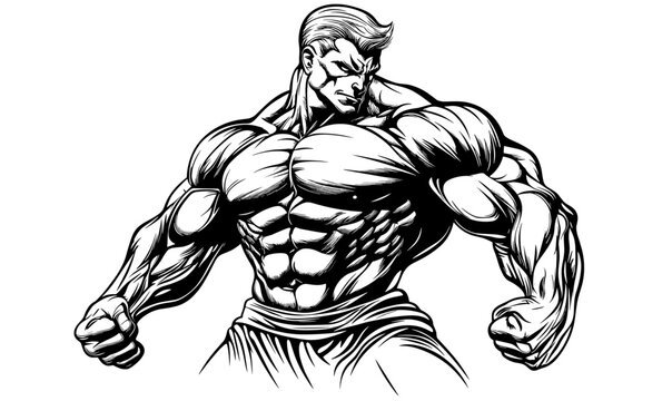 Muscular superhero character in dynamic pose, flexing muscles, linear icons set, vector.