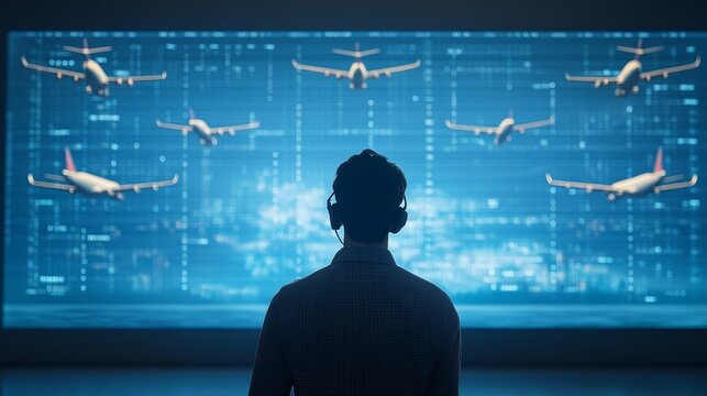 Man monitoring aircraft activity observing flight patterns on large digital screen