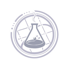 Science laboratory flask with global orbit icon