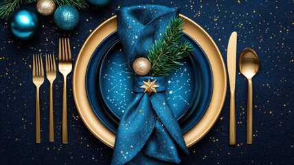 Table decoration and centerpiece concept. A beautifully arranged festive table setting with a blue napkin, gold accents, and holiday decorations, perfect for a cheerful celebration.