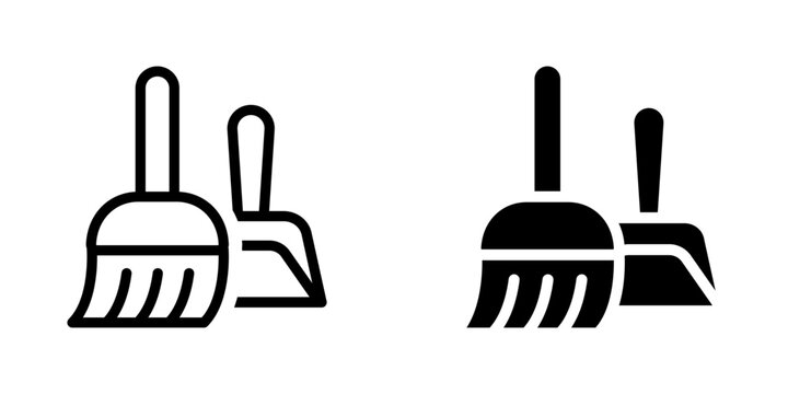Cleaning tools icon set. Broom and dustpan sign. Housekeeping, sanitation, and hygiene symbol. Floor care, maintenance, and organization pictogram. Domestic and workplace cleaning illustration.