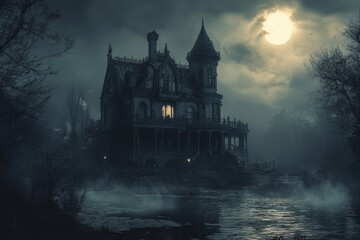 Obraz premium Eerie Victorian mansion shrouded in mist and illuminated by moonlight at night