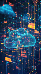 Obraz premium Cloud Computing's Digital Embrace: A futuristic, vibrant image of a cloud symbol, interwoven with circuits and data streams, representing the interconnected world of cloud computing and technology.