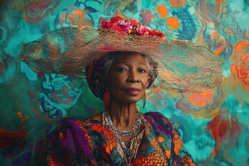 Serene Portrait: An elegant older woman with an ornate hat against a vibrant backdrop, embodying grace and confidence. Capturing her inner poise and exterior elegance
