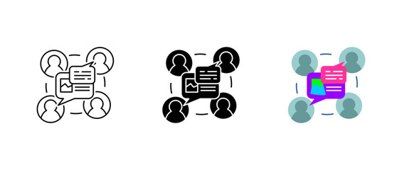 Collaboration icon set. Team discussion and networking sign. Business communication and strategy symbol. Digital meeting and brainstorming pictogram.