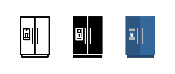 Refrigerator icon set. Kitchen, fridge, and freezer sign. Modern, electric, and cooling symbol. Smart, storage, and beverage pictogram.
