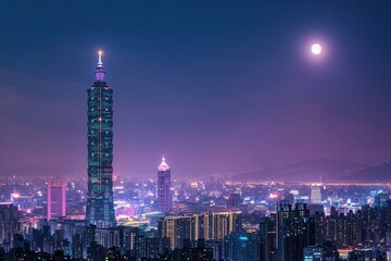 Fototapeta premium Colorful nighttime skyline with prominent building and moon over a vibrant cityscape