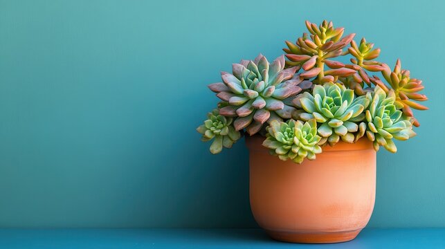 A vibrant display of succulents in a terracotta pot, their verdant forms arranged in a pleasing pattern, stood against a soft, pastel blue backdrop that evoked a sense of tranquility and serenity.